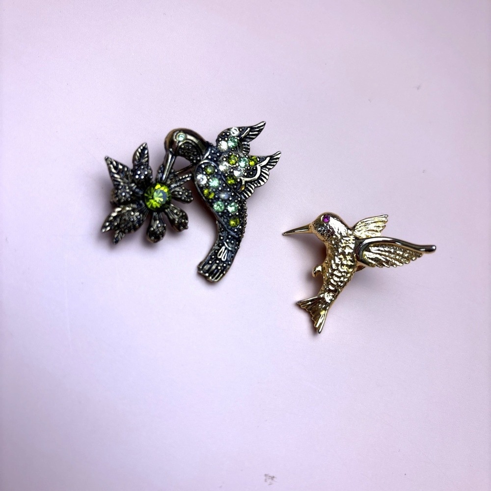 Vintage Rhinestone Pin Brooch Lot Hummingbird Gold tone Green